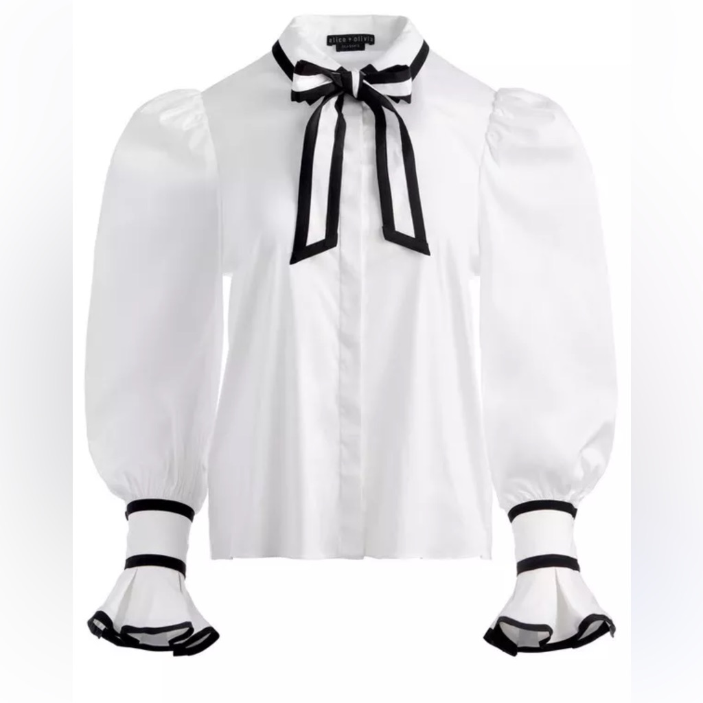Alice + Olivia White Puff Sleeve Blouse With Black Trim And Bow